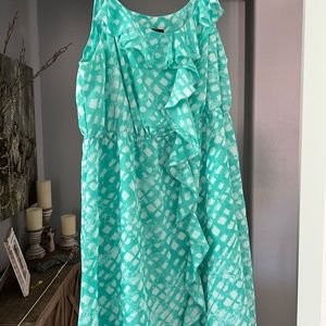 teal and white spaghetti-strap dress. Lightweight and lined with ruffle detail